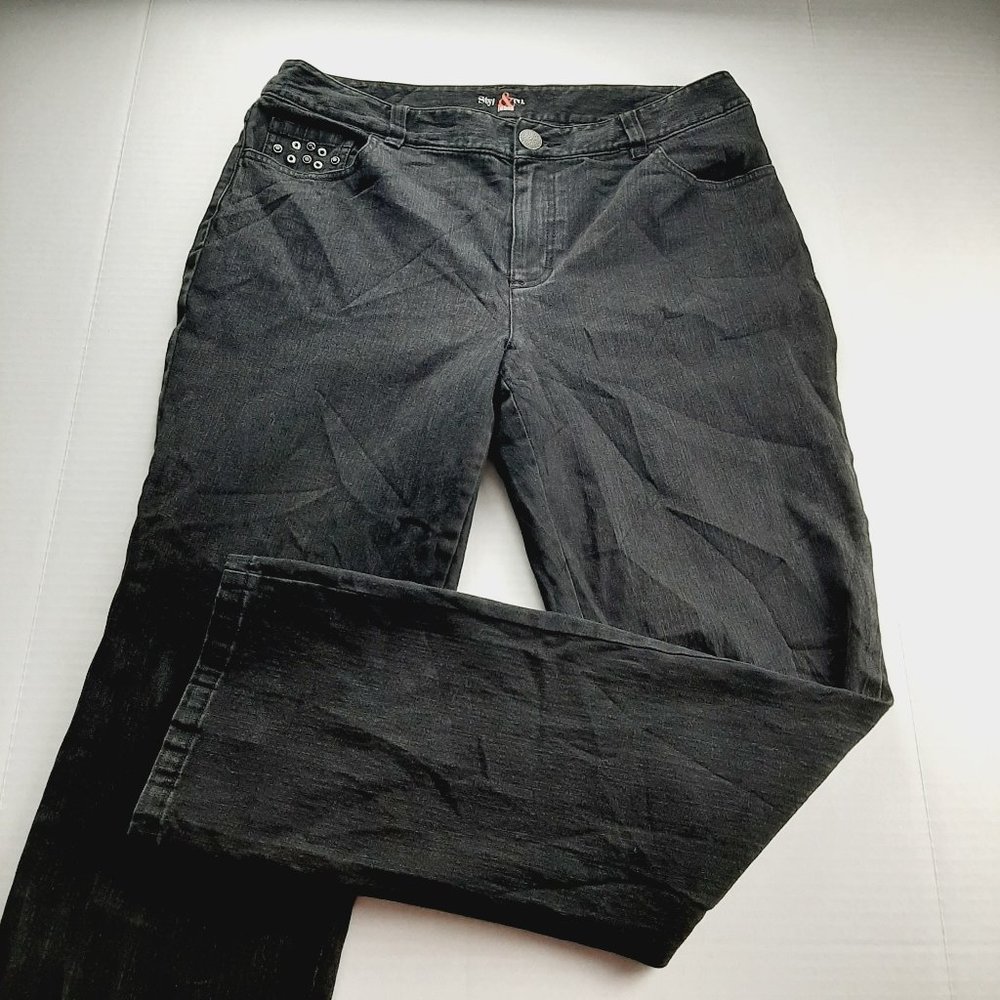 Style & Co Womens Straight Leg Jeans Size 8 Black Stretch Denim Mid Rise Beaded